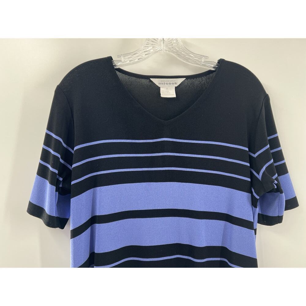 Misook Women’s Short Sleeve V Neck Lightweight Sweater Black Purple Stripe M - Picture 2 of 8